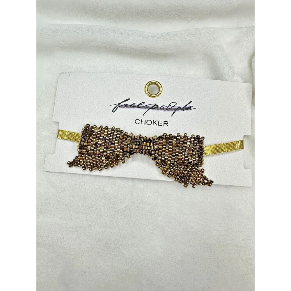 NEW Free People Backstage Pass Bow Choker in Brown Bronze Beaded Coquette Glam